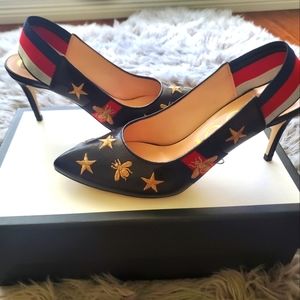 $795 Gucci Embroidered Bees Stars Slingbacks